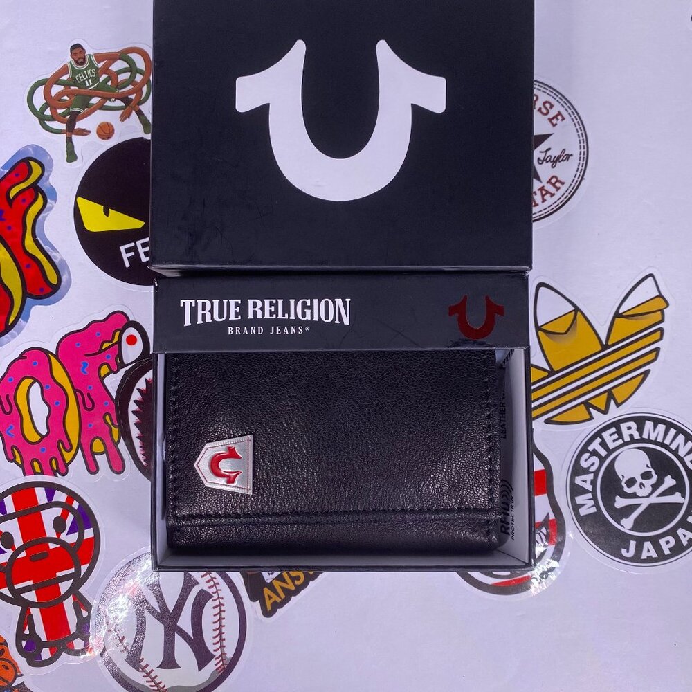 True Religion Men's Black Leather Tri-Fold Wallet NWT RFID Protection